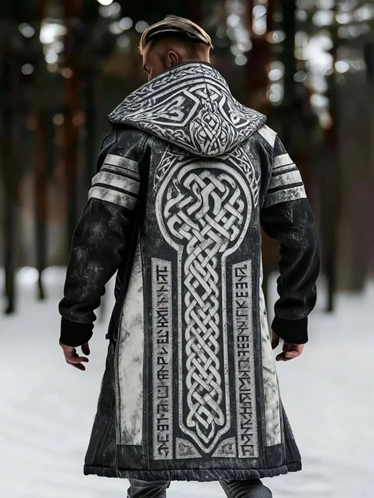 Men's Viking Celtic With Rune Totem Printed Fleece-Lined Hooded Jacket