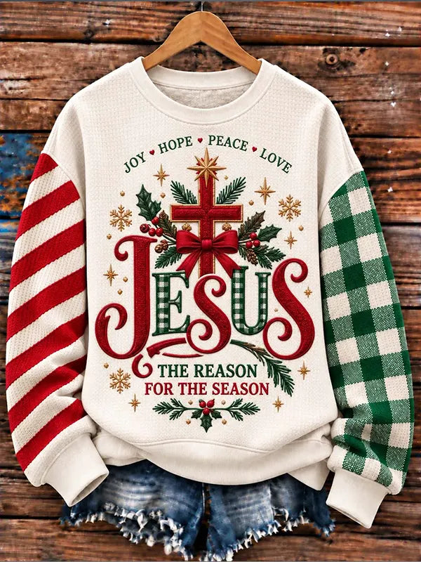 Women's Jesus Is The Reason For The Season Cross and Mismatched Print Sweatshirt