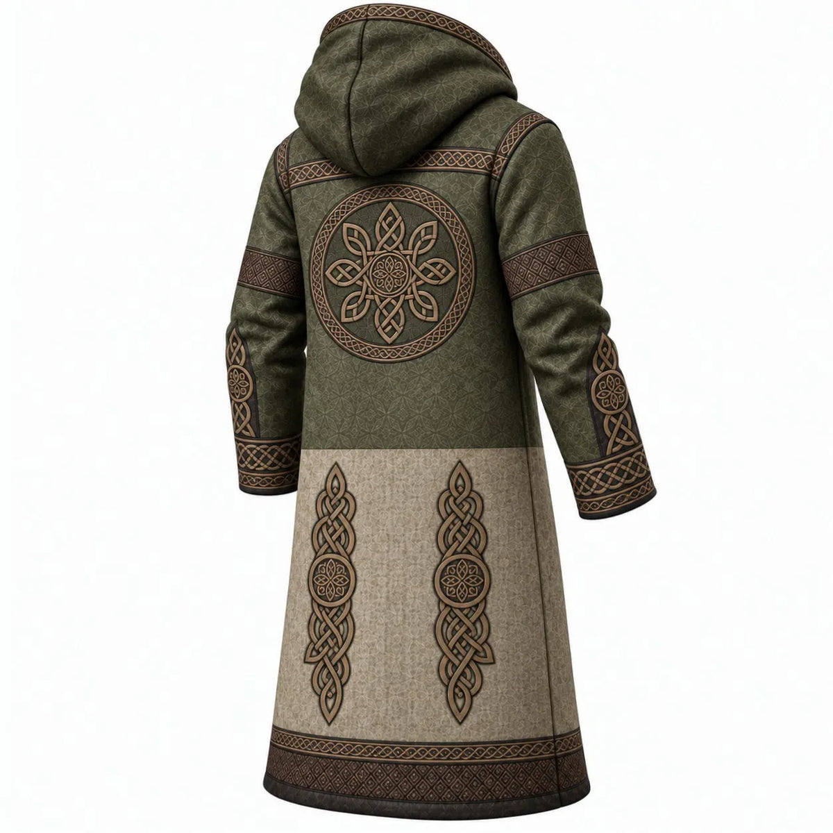 Olive Green Beige Nordic Pattern Longline Hooded Fleece Coat