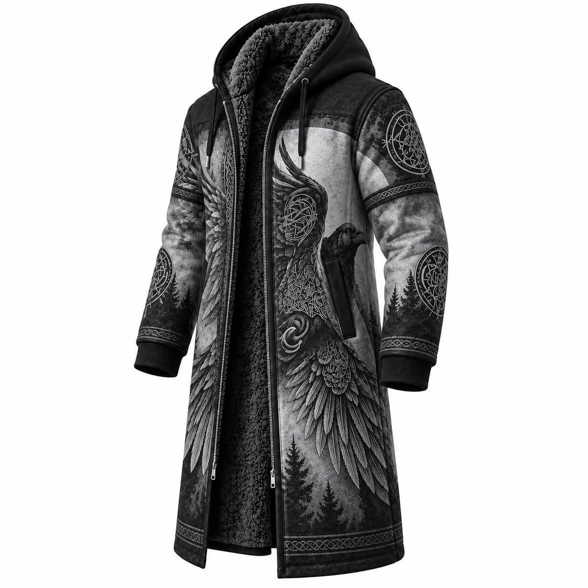 Charcoal Gray Knot Print Longline Hooded Fleece Coat
