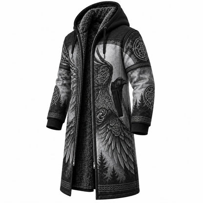 Charcoal Gray Knot Print Longline Hooded Fleece Coat