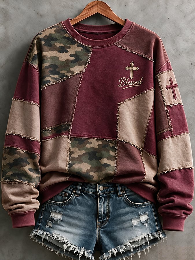 Women's Retro Camouflage Cross Print Casual Sweatshirt