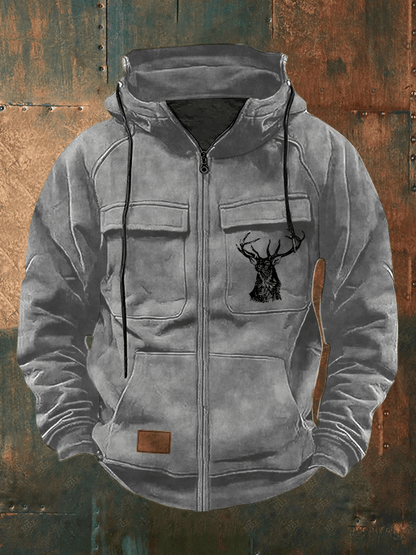 Men's Retro Western Elk Print Multi-Pocket Hooded Zip-Up Sweatshirt