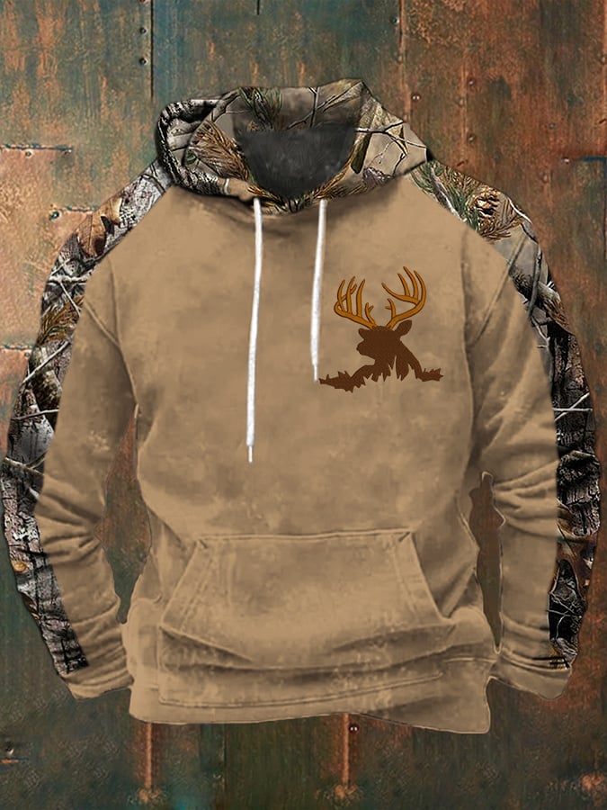 Men's Casual Retro Contrast Camouflage Elk Western Style Hoodie