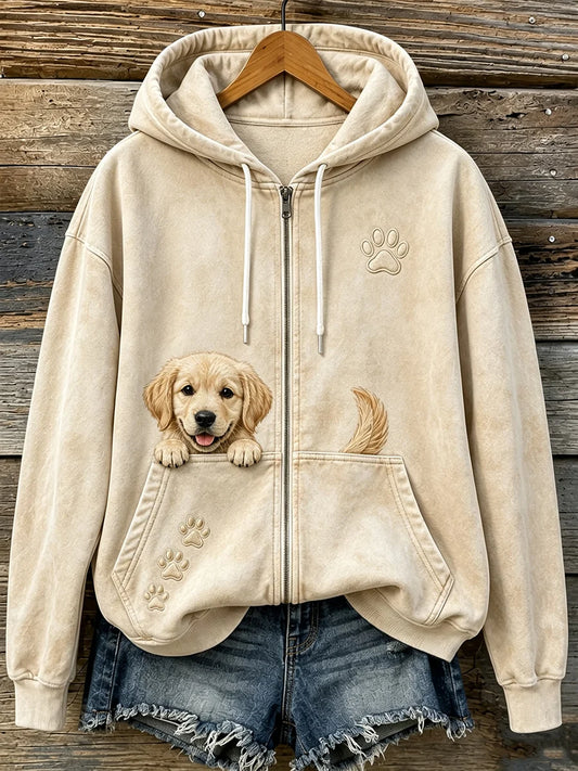 Women's Cute Peeking Golden Retriever & Paws Print Cozy Zip-Up Hoodie