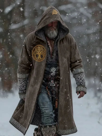 Viking-Style Totem Rune Printed Fleece-Lined Hooded Jacket
