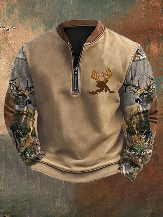 Men's Vintage Art Forest Elk Zip-Up Sweatshirt