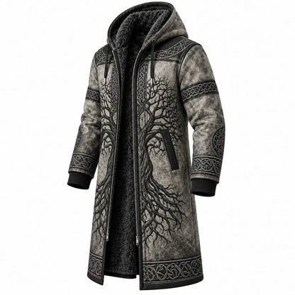Black Gray Tree Print Longline Hooded Fleece Coat