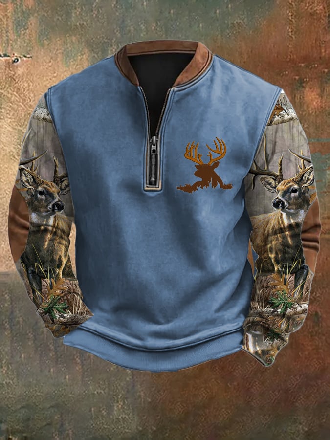 Men's Vintage Art Forest Elk Zip-Up Sweatshirt