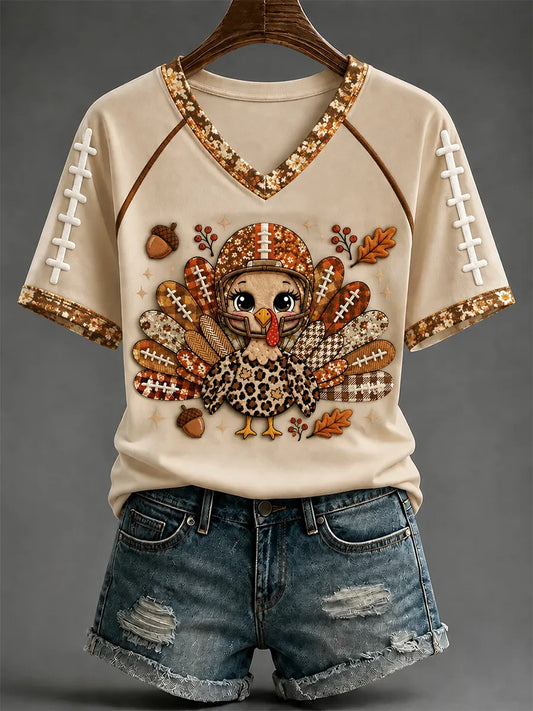 Women's Fun Turkey Rugby V-neck Off-shoulder Short-sleeved T-shirt