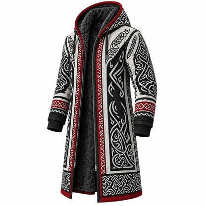 Black White Red Raven Print Longline Hooded Fleece Coat