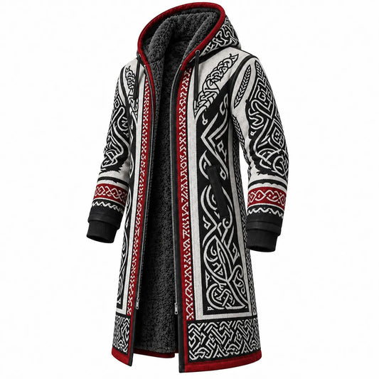 Black White Red Raven Print Longline Hooded Fleece Coat