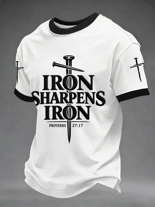 Men's Iron Sharpens Iron Proverbs 27:17 Christian Cross Print Casual Tee