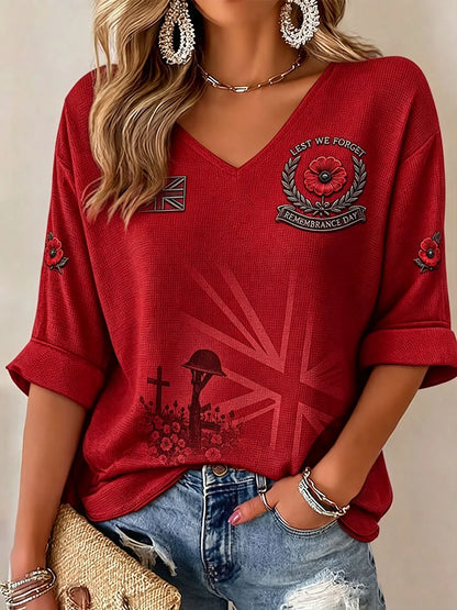 Women's Lest We Forget Print Mid-length Sleeves V-Neck T-Shirt