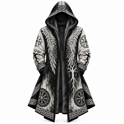Black White Viking Winged Tree Zip-Up Hooded Jacket