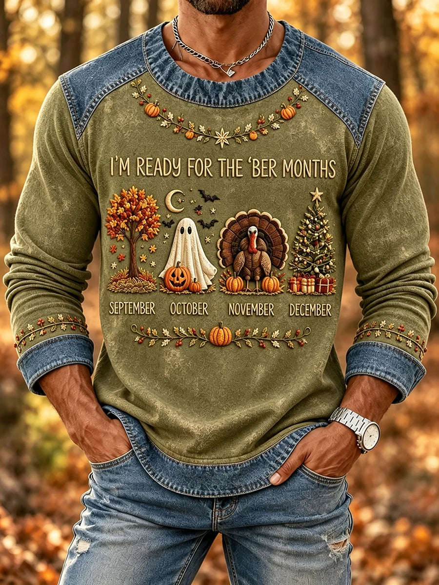 Men's Vintage I'm Ready For The 'ber Months Print Crew-Neck Printed Hoodie