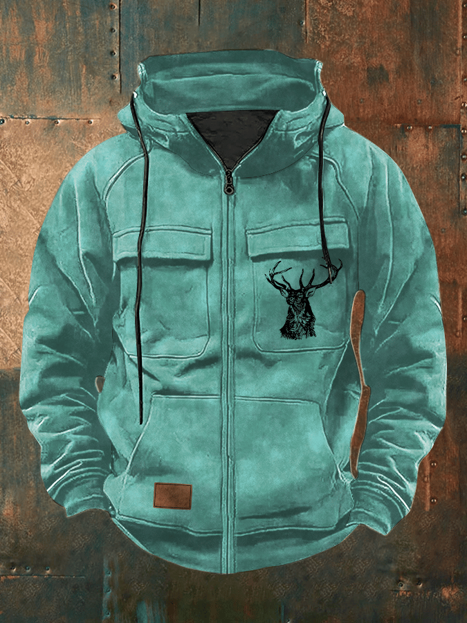Men's Retro Western Elk Print Multi-Pocket Hooded Zip-Up Sweatshirt