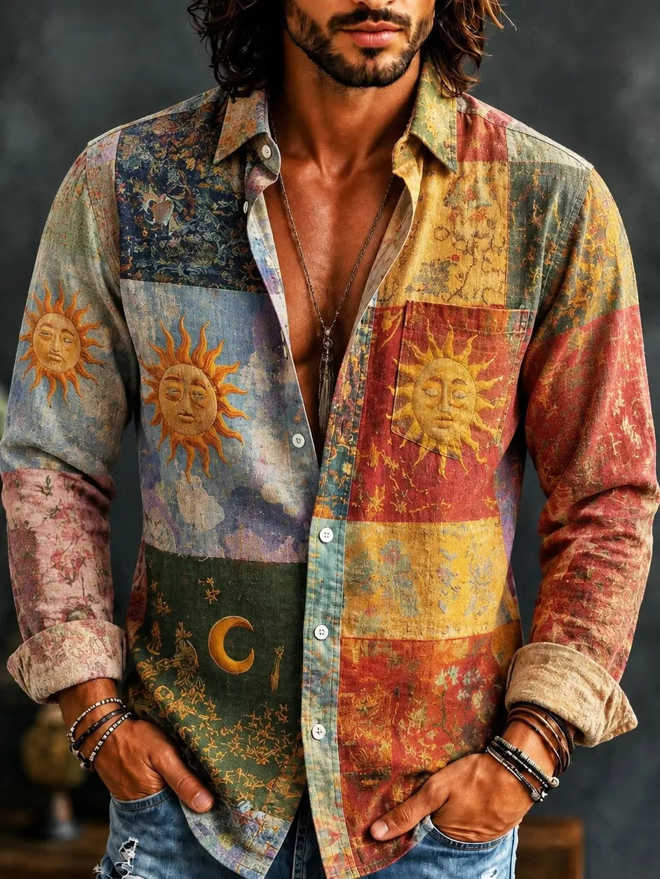 Men's Vintage Star And Moon Ethnic Style Pattern Patchwork Print Print Long Sleeve Pocket Shirt