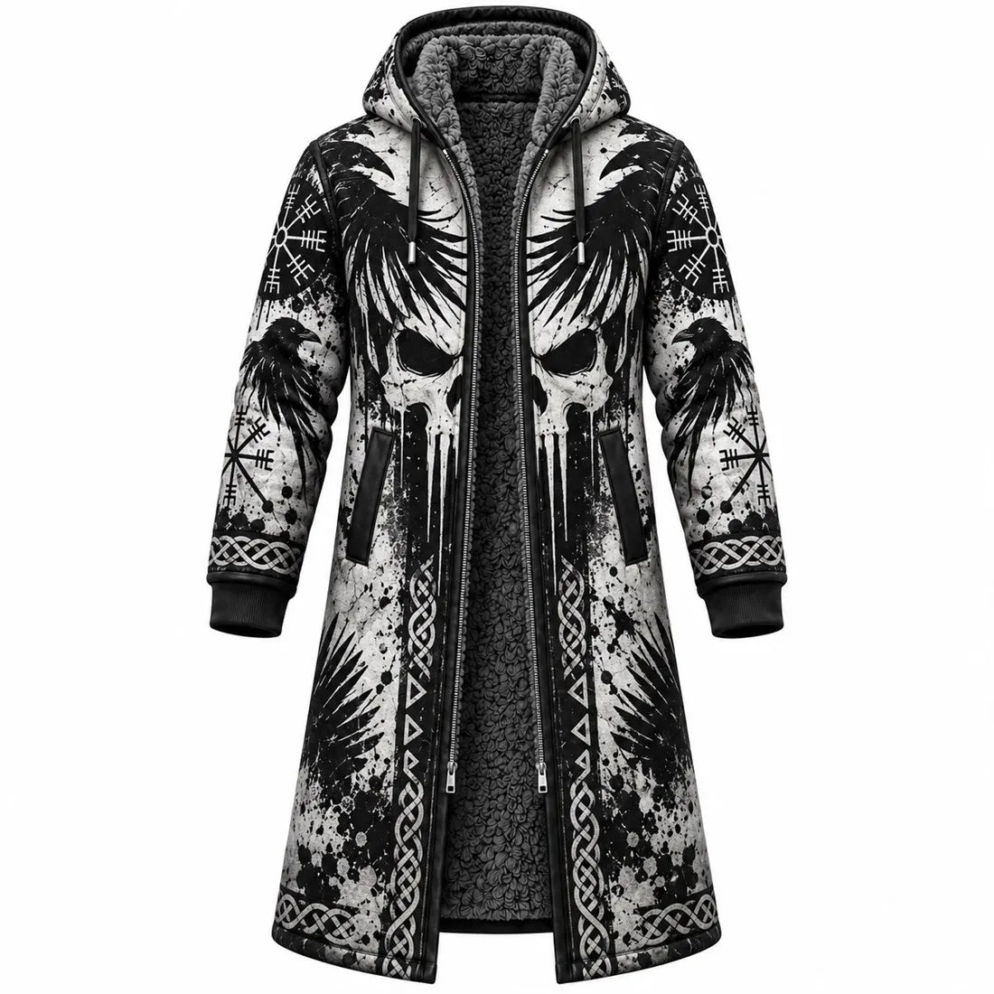 White Viking Raven Skull Fleece-Lined Long Coat