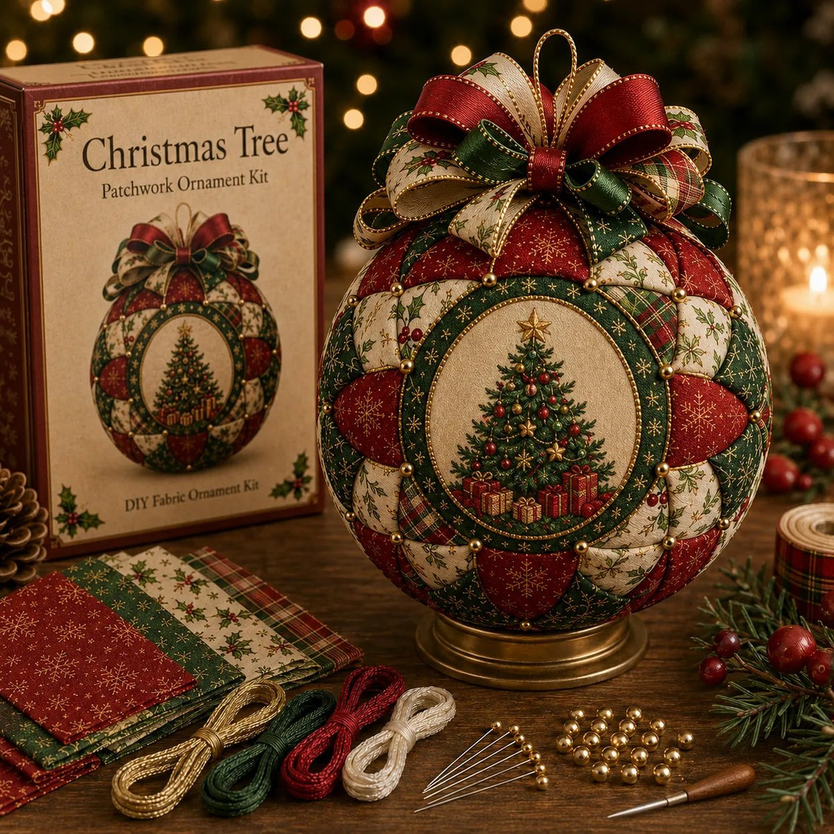 Christmas tree patchwork ornament DIY kit with red green and cream fabric