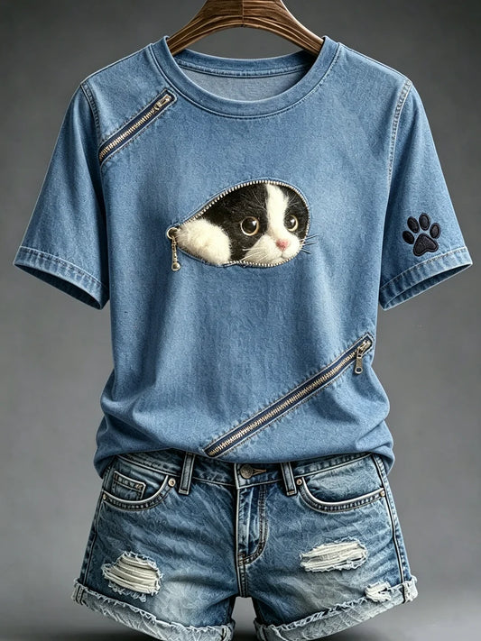 Women's Animal Cat Zipper Printed Vintage Fashion Loose Short Sleeve T-Shirt