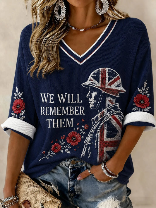 Women's WE WILL REMEMBER THEM Printed Mid-length Sleeves V-neck T-shirt