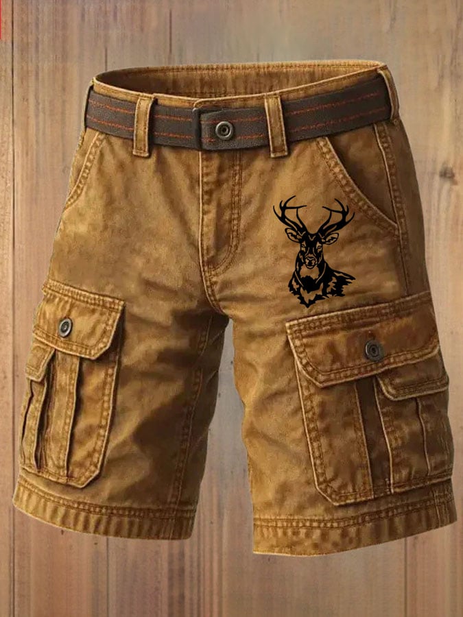 Men's Retro Western Elk Print Multi-Pocket Cargo Shorts