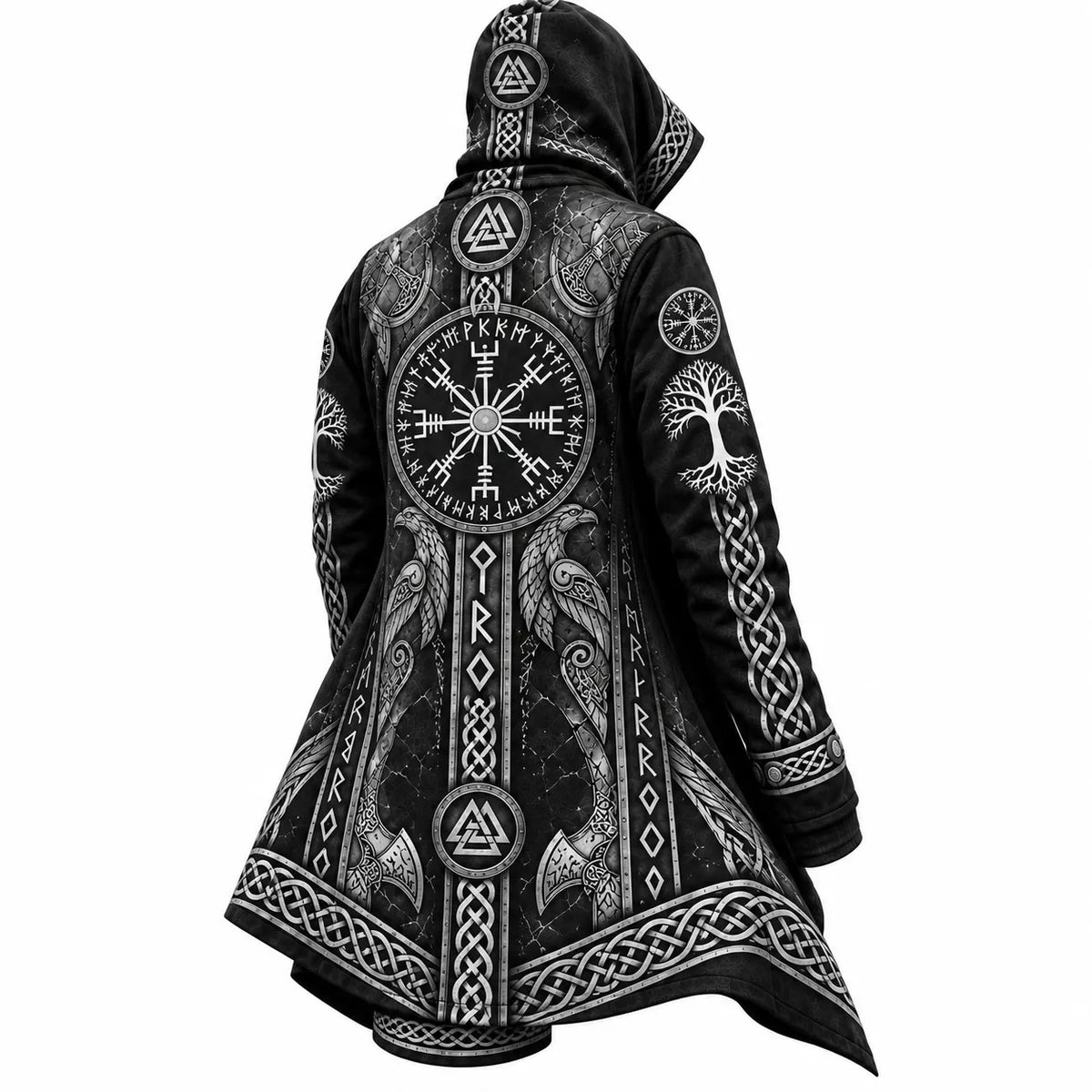 Black Viking Compass Raven Zip-Up Hooded Jacket