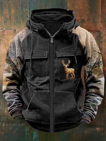 Men's Vintage Western Deer Print Multi-Pocket Jacket