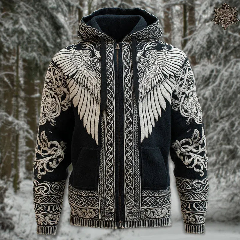 Men's Viking Mythology Viking Wings Zipper Vintage Cozy Hooded Sweater