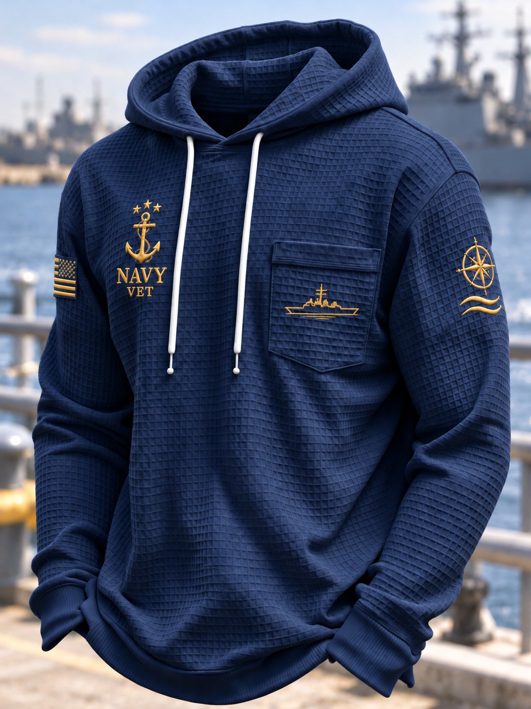 Men's U.S. Veteran Print Waffle Long Sleeve Polo