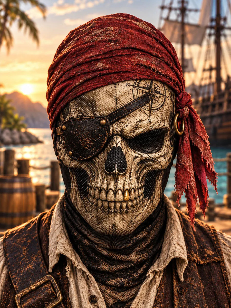 Vintage Pirate Skull Face Mask – Red Bandana & Eyepatch Nautical Costume Mask