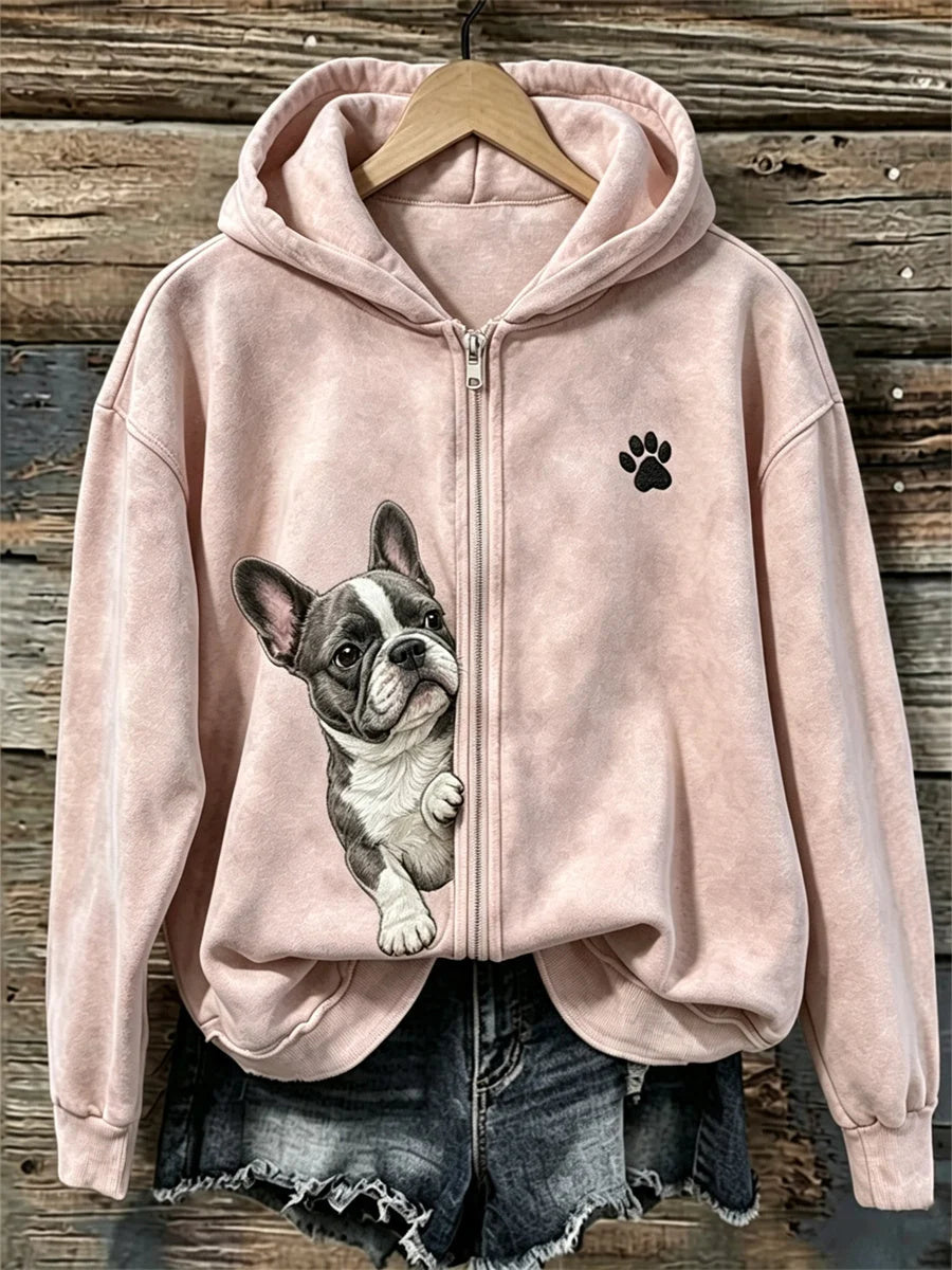 Women's Peeking French Bulldog & Paw Print Full Zip Hoodie