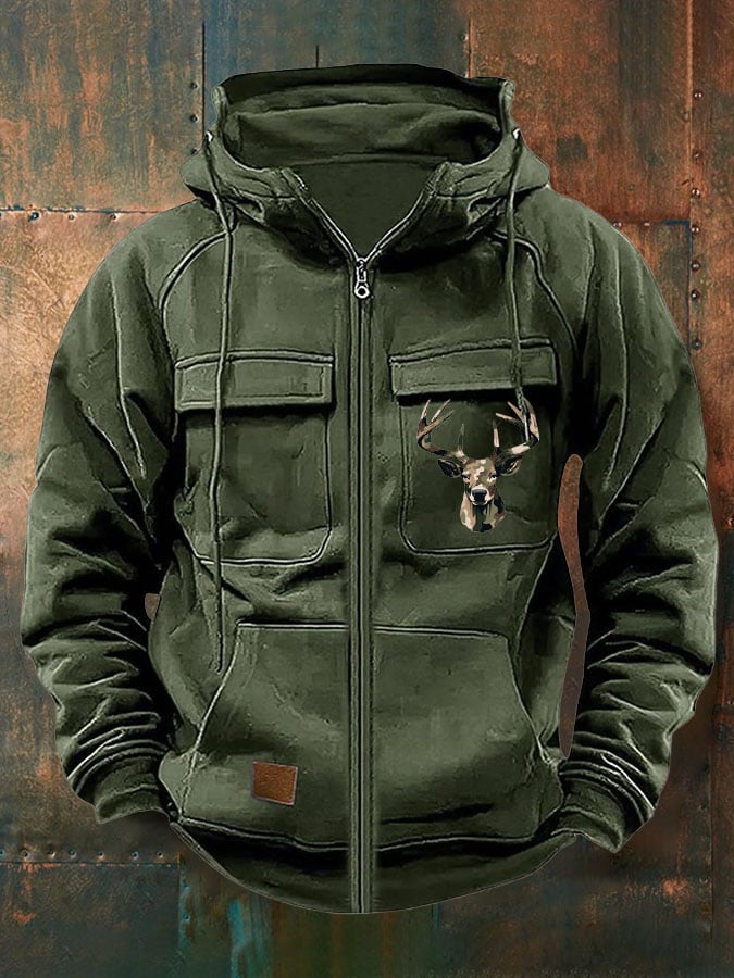 Men's Vintage Western Deer Print Multi-Pocket Jacket