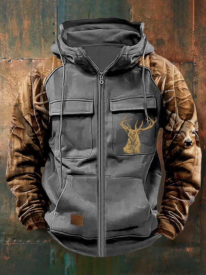 Men's Vintage Western Deer Print Multi-Pocket Jacket