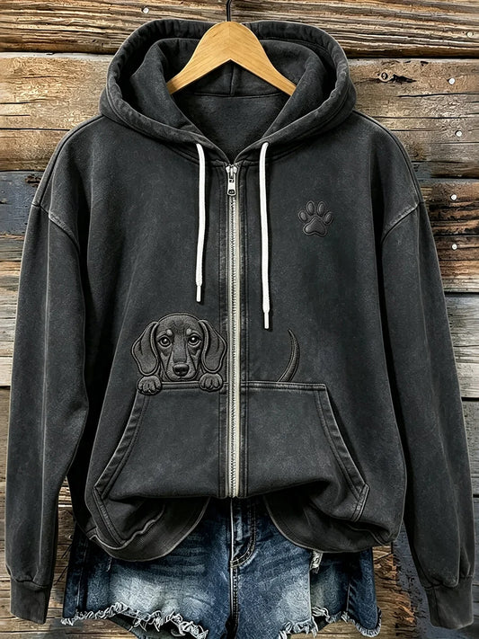 Women's Cute Peeking Dachshund with Paw Print Cozy Zip-Up Hoodie