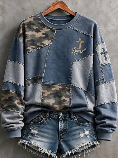 Women's Retro Camouflage Cross Print Casual Sweatshirt