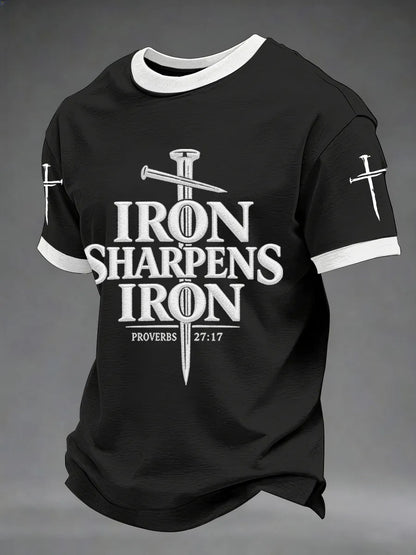 Men's Iron Sharpens Iron Proverbs 27:17 Christian Cross Print Casual Tee