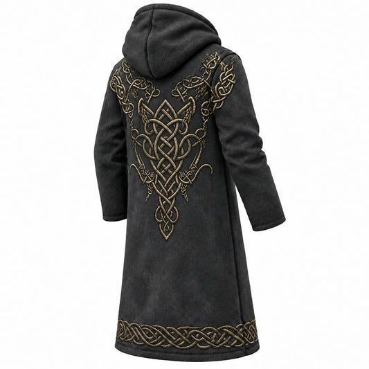 Black Viking Gold Knotwork Fleece-Lined Long Coat