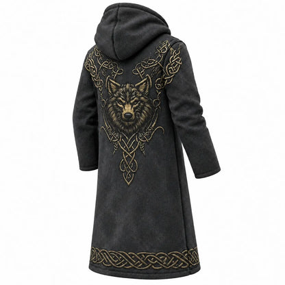 Men's Wolf Totem Dark Vintage Celtic Knot Printed Fleece-Lined Hooded Jacket