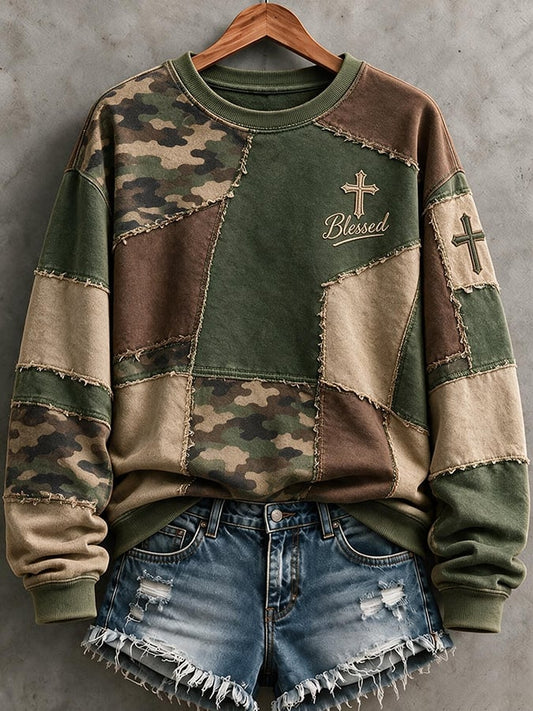 Women's Retro Camouflage Cross Print Casual Sweatshirt