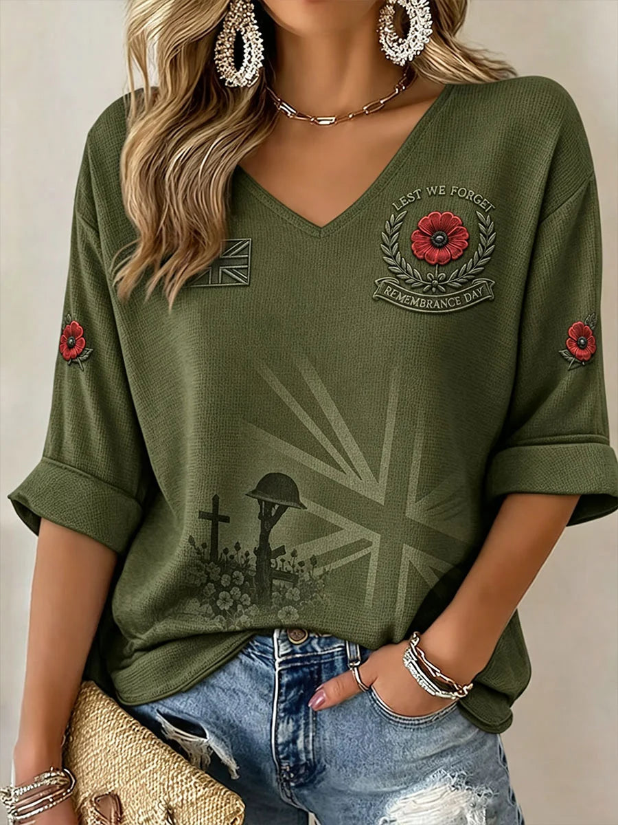 Women's Lest We Forget Print Mid-length Sleeves V-Neck T-Shirt