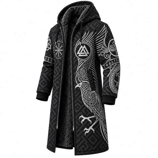 Black Gray Norse Pattern Longline Hooded Fleece Coat