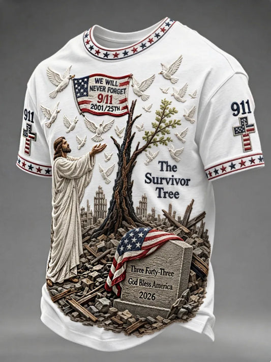 Men's WE WILL NEVER FORGET 2001/25TH/2026 God Bless America T-shirt