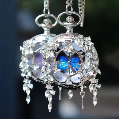 🔥49% OFF - 🦋 Butterfly in Time Handmade Multicolor Pocket Watch Necklace - Handmade Silver Crystal Floral Design