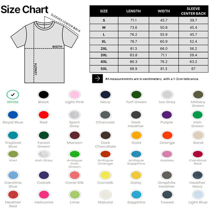 Unisex T-shirt size chart from S through 5XL