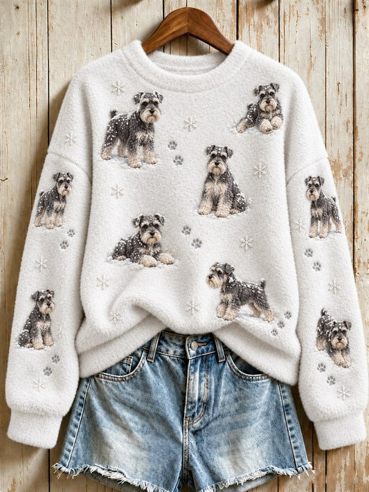 Women's Schnauzer Dogs in the Snow Snowflakes Print Flannel Sweatshirt