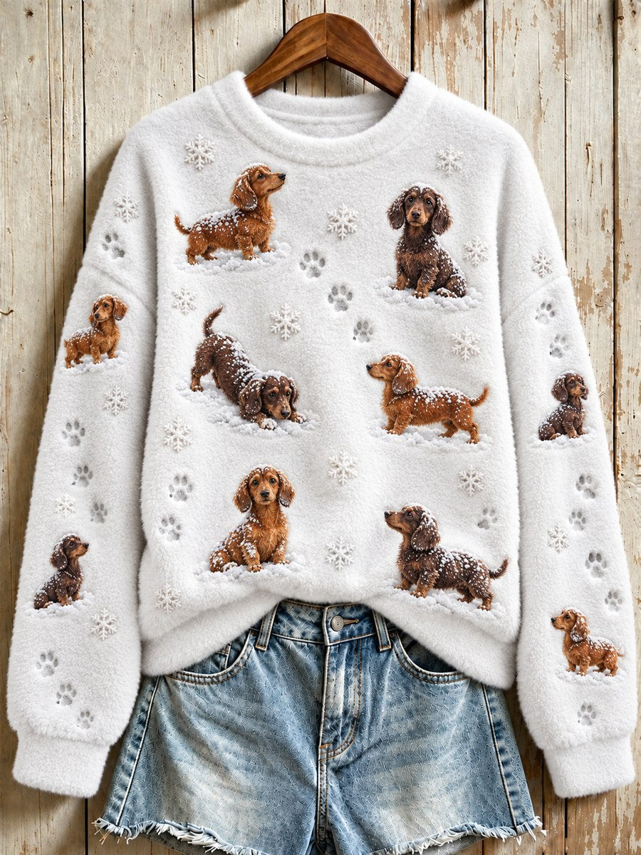 Women's Dachshund Dogs in the Snow Snowflakes Print Flannel Sweatshirt