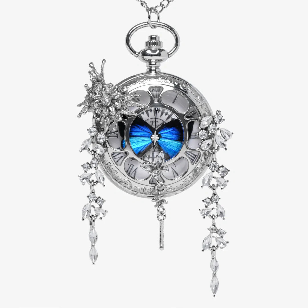 🔥49% OFF - 🦋 Butterfly in Time Handmade Multicolor Pocket Watch Necklace - Handmade Silver Crystal Floral Design