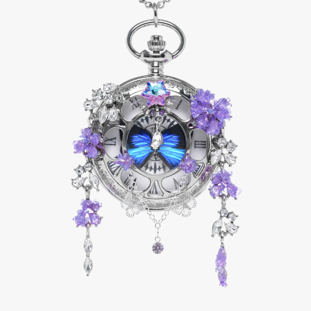 🔥49% OFF - 🦋 Butterfly in Time Handmade Multicolor Pocket Watch Necklace - Handmade Silver Crystal Floral Design
